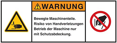 Warnaufkleber WARNUNG Bewegte Maschinenteile. Risiko von Handverletzungen Betrieb der Maschine nur mit Schutzabdeckung. Schild Folie 35x80 / 45x100 / 70x160mm Made in Germany, Größe: 45x100 mm von MBS-SIGNS