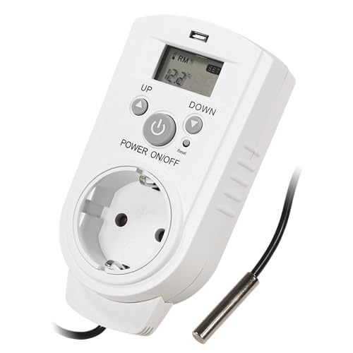 MC POWER - Steckdosen-Thermostat | TCU-540 | Klimaregelung 5-30°C, 3.680W 230V/16A inkl. Backup-Akku Display, Kabel + Außenfühler zum steuern von Heizgeräten, Kühlgeräten von MC POWER