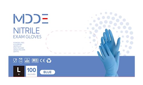 Einweghandschuhe, einmalhandschuhe Nitril handschuhe, untersuchungshandschuhe für medizinische Lebensmittel, puderfrei, latexfrei, hypoallergen (100, Blau, L) von MDDE