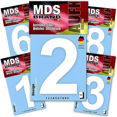 MDS Brand Design 10cm Zahlen Aufkleber 1x/Pk Zahlen Aufkleber groß | Selbstklebende Klebezahlen wetterfest für Briefkasten, Mülltonne & Hausnummeren Aufkleber für Außen & Innen Weiss (0-9 Pack) von MDS Brand