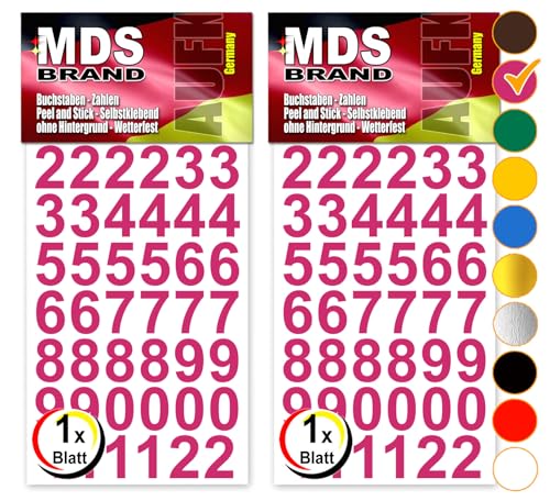 MDS Brand Design 2cm Zahlen Aufkleber | Selbstklebende Klebezahlen | Vinyl Hausnummern zum Aufkleben für Briefkasten, Mülltonnen Aufkleber, Buro Aufkleber, Zahlen für Außen & Innen Peel (Pink) von MDS Brand