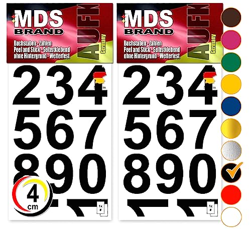 MDS Brand Design 4cm Zahlen Aufkleber | Selbstklebende Klebezahlen | Vinyl Hausnummern zum Aufkleben für Briefkasten, Mülltonnen Aufkleber, Buro Aufkleber, Zahlen für Außen & Innen Peel (Schwarz) von MDS Brand