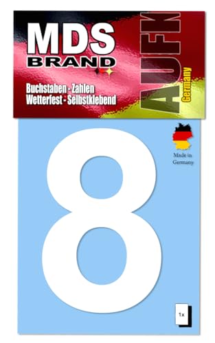 MDS Brand Design 10cm Zahlen Aufkleber | Selbstklebende Klebezahlen für Briefkasten, Mülltonne, Hausnummer Aufkleber für Außen & Innen (8, 10cm-Weiß) von MDS Brand