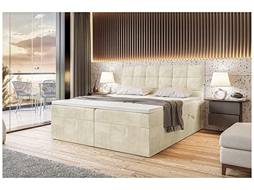 MEBLINI Boxspringbett mit Bettkasten - Gepolstert Doppelbett mit Matratze und Topper - Polsterbett mit Stauraum - Bett mit Kopfteil - Stauraumbett - Drago - 160x200 - H3/Beige Samt von MEBLINI