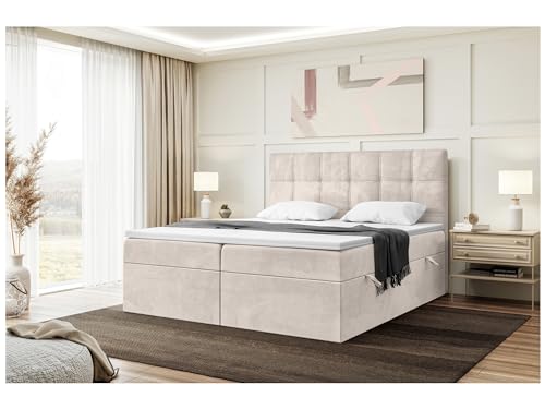 MEBLINI Boxspringbett mit Bettkasten - Gepolstert Doppelbett mit Matratze und Topper - Polsterbett mit Stauraum - Bett mit Kopfteil - Stauraumbett - Kai - 200x220 - H3/Beige Samt von MEBLINI