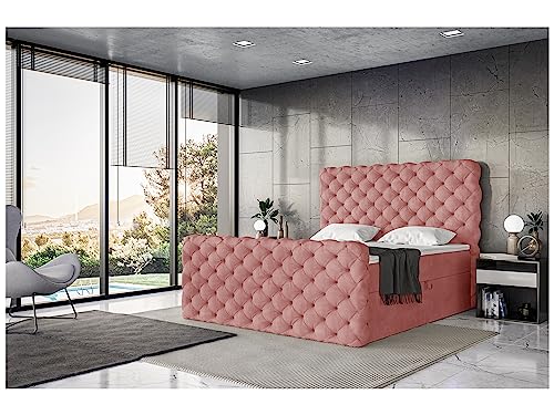 MEBLINI King Boxspringbett mit Bettkasten - Gepolstert Doppelbett mit Matratze und Topper - Polsterbett mit Stauraum - Bett mit Kopfteil - Stauraumbett - Duke - 140x200 - H3/Rosa Samt von MEBLINI