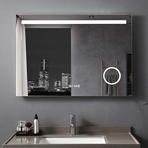 MEESALISA LED Badspiegel 100x70 cm mit Beleuchtung Badezimmer Wandspiegel Antibeschlage Lichtspiegel mit Steckdose Uhr Touch Dimmbar von MEESALISA