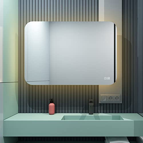 MEESALISA Lisa LED Badspiegel 70x50cm mit Beleuchtung Wandspiegel Lichtspiegel Badezimmerspiegel Kaltweiß 6000-6500K hintergrundbeleuchtung mit Touch + beschlagfrei IP44 von MEESALISA