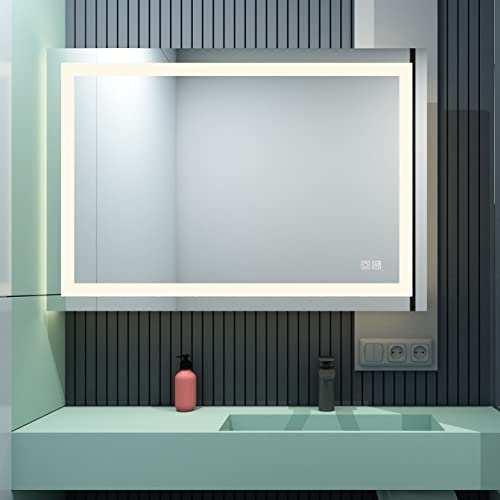 MEESALISA Lisa LED Badspiegel 90x60cm mit Beleuchtung Beleuchtet mit Steckdose Touch + beschlagfrei Wandspiegel Lichtspiegel Badezimmerspiegel Kaltweiß/Warmweiß/Neutrale 3000-6500k von MEESALISA