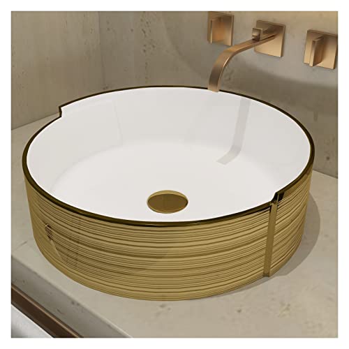 MEJE 42.5 x 42 x 13 cm Luxus goldene Streifen, runde, Waschbecken, Keramik, Arbeitsplattenwaschbecken (einschließlich Pop-up Abfluss) von MEJE
