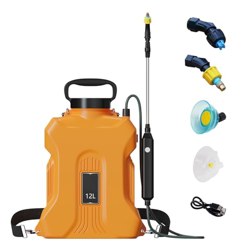 Akku Drucksprüher, 12L Elektrischer Pflanzensprüher, Hohe Kapazität Gartensprüher mit 3 Düsen und Teleskopstange & verstellbarem Schultergurt für Garten Bewässerung Unkrautbekämpfung (Orange) von MENAYODA