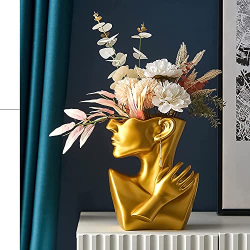 Kreativität Gesicht Vasen Deko, MENAYODA Moderne Vase Gesicht Statue Keramik Blumentopf Kopf Kunstverzierung Haus Dekoration Blumenvasen für Pampasgras Wohnzimmer Schlafzimmer (Gold) von MENAYODA