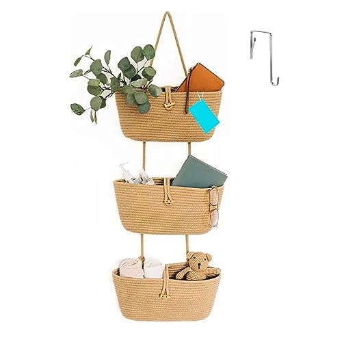 MENAYODA Hängeorganizer Tür Wand Organizer, 3-stufiger Leinen Seil Gewebt Wall-Mounted Tür Organizer mit Knöpfen, Organizer Hängend für Wohnzimmer, Bad, Schlafzimmer (Jute) von MENAYODA