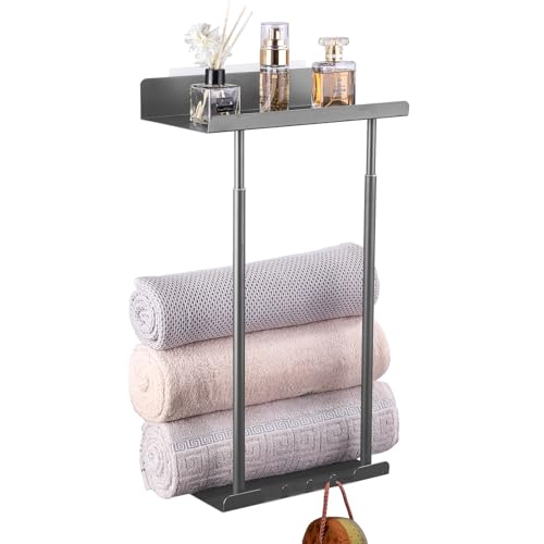 MENAYODA Handtuchhalter Ohne Bohren, Carbon Stahl Handtuchhalter Wand, Hoch-Verstellbares Doppelrohr-Handtuchhalter für Bad Küche Gerollte Salonhandtücher (Silber) von MENAYODA