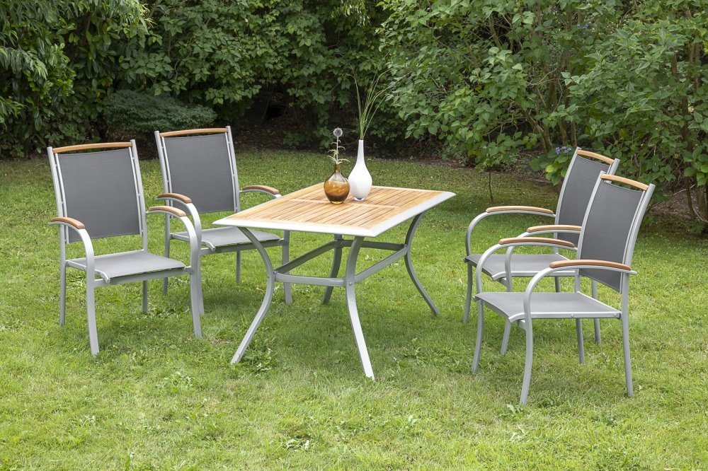 MERXX Garten-Essgruppe Siena, (Set, Tisch, 4 Stapelsessel, Aluminium mit Textilbespannung und Akazienholz), 1 Tisch mit platzsparenden Stapelsesseln von MERXX