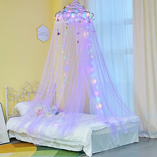 MHJY Betthimmel für Mädchenzimmer, Bettvorhänge mit LED-Lichtern, Moskitonetz, DIY-Prinzessinnen-Raumdekoration mit Sternen, Schmetterlingen für Kinderzimmer von MHJY