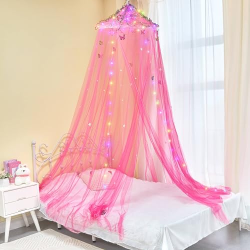 MHJY Betthimmel für Mädchenzimmer, Bettvorhänge mit LED-Lichtern, Moskitonetz, DIY-Prinzessinnen-Raumdekoration mit Sternen, Schmetterlingen für Kinderzimmer von MHJY