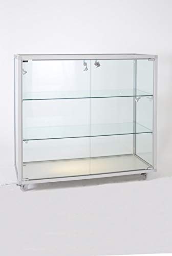 MHN Halbhohe Glasvitrine T 41,5 x B 78 x H 95 cm - breite Thekenvitrine Glas abschließbar - Flache Alu-Glas Verkaufsvitrine - ohne Beleuchtung von MHN