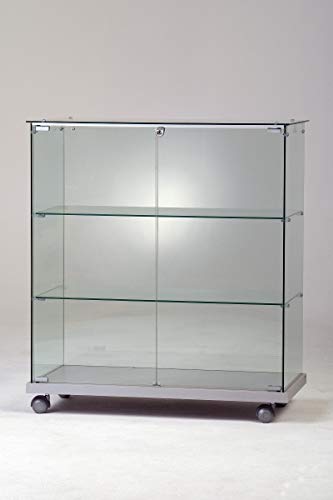 MHN Halbhohe Glasvitrine ohne Rahmen T 40 x B 80 x H 90 cm - breite Thekenvitrine Glas abschließbar - Flache Alu-Glas Verkaufsvitrine - ohne Beleuchtung von MHN