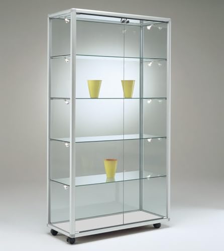 MHN Glasvitrine mit Rollen T 42,5 x B 99 x H 184,5 cm - schmale Glas Standvitrine abschließbar - Ausstellungs-Vitrine - LED-Beleuchtung von MHN