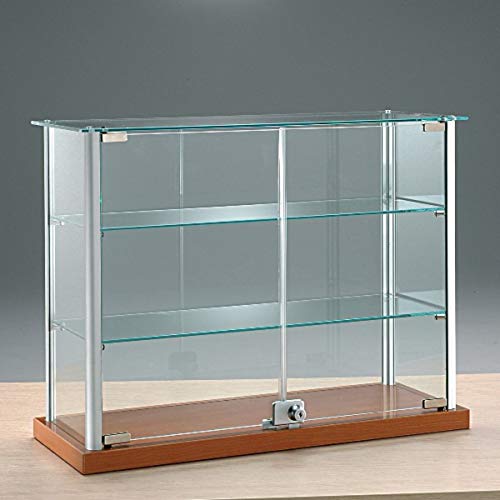 kleine Aufsatzvitrine Glas T 25 x B 65 x H 50 cm - graue Tischvitrine Alu abschließbar - breite Glasvitrine ideal für Ausstellungen oder Messen - ohne Beleuchtung von MHN