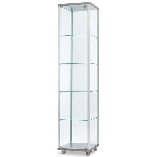 MHN Glasvitrine mit RollenT 41,7 x B 41,7 x H 183 cm - schmale Ausstellungs-Vitrine mit Unterschrank abschließbar - Glas Vitrinenschrank ohne Beleuchtung von MHN