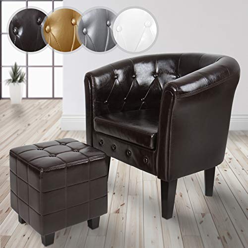 MIADOMODO® Chesterfield Sessel mit Hocker - aus Holz und Kunstleder, Kupfernieten, Farbwahl-Loungesessel inkl. Sitzhocker, Clubsessel, Armsessel, Cocktailsessel, Wohnzimmer Möbel (Braun) von MIADOMODO