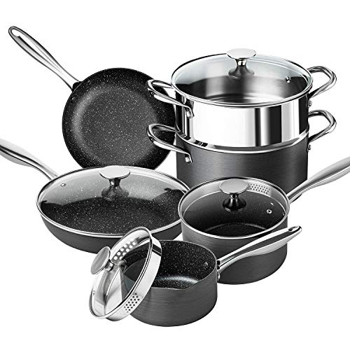 MICHELANGELO Kochtopf Set 10-teilig mit Deckel und Induktionsgeeignet, Topf und Pfannenset Induktion, harteloxierte Töpfe und Pfannen mit Siebdeckel und Dampfgarer von MICHELANGELO