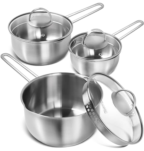 MICHELANGELO Stielkasserolle aus Edelstahl mit Deckel und Ausgießer, 1QT & 2QT & 3QT, dreilagiges Soßentopf-Set, 6-teilig von MICHELANGELO