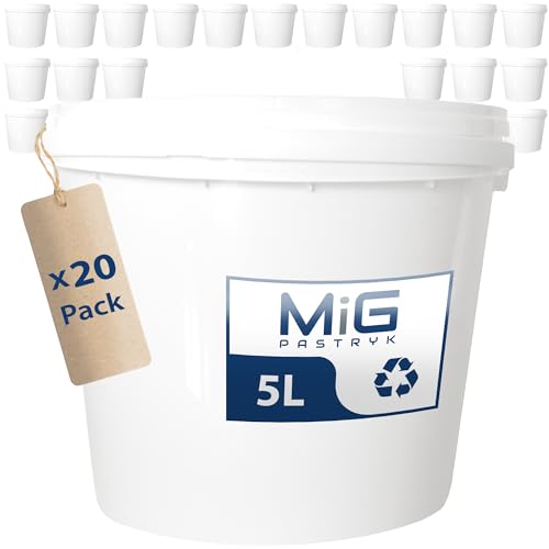 MIG Eimer mit Deckel 5L weiß - 20x 5 Liter stapelbare Plastikeimer mit Deckel - Vielseitiger Baueimer mit Deckel für Haushalt und Industrie - Kleiner Kübel mit Deckel geeignet für Hundefutter von MIG