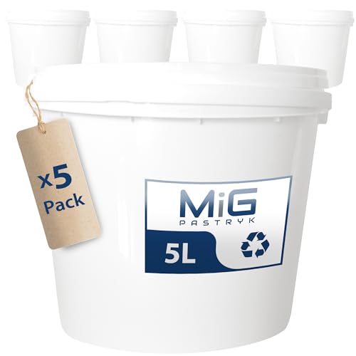 MIG Eimer mit Deckel 5L weiß - 5X 5 Liter stapelbare Plastikeimer mit Deckel - Vielseitiger Baueimer mit Deckel für Haushalt und Industrie - Kleiner Kübel mit Deckel geeignet für Hundefutter von MIG