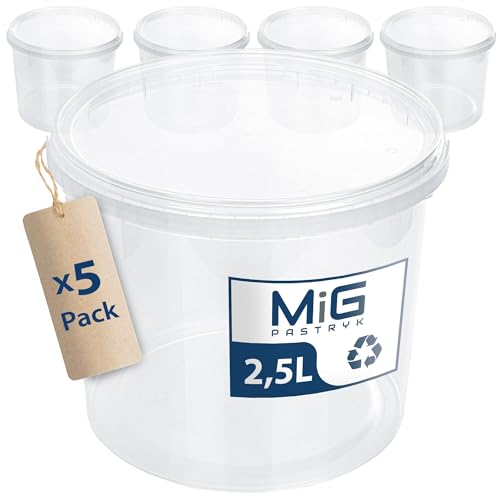 MIG Transparente Eimer mit Deckel 2,5L - 5X 2,5L Luftdicht & Lebensmittelecht Plastikeimer mit Deckel - Stapelbare Kleine Eimer für Haushalt & Industrie -Ideal Kübel mit Deckel zum Einlegen & Lagern von MIG