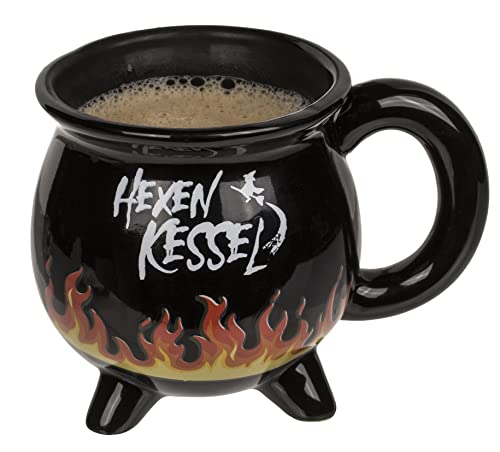 MIJOMA Kaffeetasse Teetasse Kesseltasse Kesselbecher Hexenkesselbecher Hexenkessel Becher Fassungsvermögen 400ml, schwarz (Hexenkessel mit Flammen-Thermoeffekt) von MIJOMA