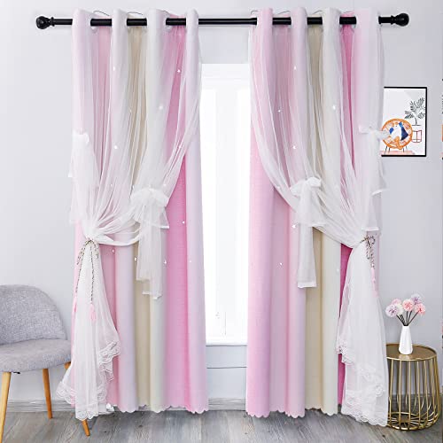 MINGPINHUIUS Star Curtain Blackout Curtains for Kids Girls Bedroom Living Room Double Layer Stars Curtains Elegant Drapes Star Window Curtain with Net Sheers, 2 Panels (Pink Yellow, 52" W x 83" L) von MINGPINHUIUS