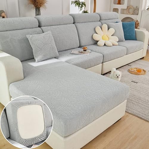 Sofasitzkissenüberzug, dehnbarer Sofabezug, Universell, Elastisch, Sofasitzbezug, Antirutsch-Schonbezug für Sofakissen, L-förmige Chaiselongue, Möbelschutz, hellgraues Blattmuster von MINGPINHUIUS