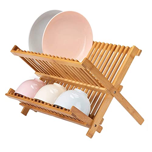 MINGYI Abtropfgestell für Geschirr, auf Spüle, zusammenklappbar, aus Bambus, rostfrei, Küchenaufbewahrung mit 2 Ebenen (H von MINGYI