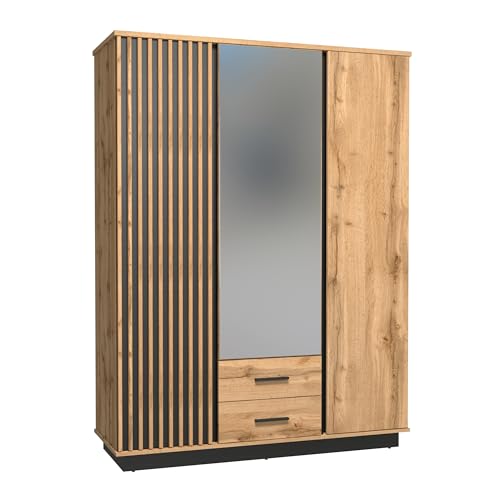 MINIO - Kleiderschrank mit Spiegel Lamia, Garderobenschrank 145.5 cm Breit, Schlafzimmerschrank mit 3 Türen und Schubladen, mit Lamellen - Wotan Eiche/Schwarz Matt von MINIO go for it