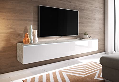 TV Schrank Donna, Breite 180 cm, TV Lowboard, Stehend oder Hängend, Fernsehschrank für das Wohnzimmer, Laminierte Spannplatte, Moderner Stil, Beton/Weiss Hochglanz - LED Beleuchtung von MINIO go for it