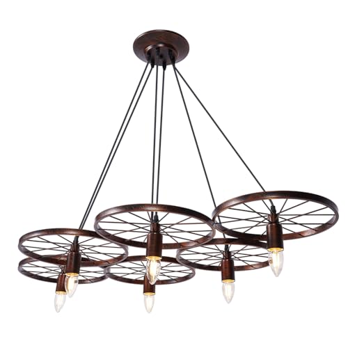 MINUS ONE Retro Wagenrad Hängelampe Metall Kronleuchter 3/6 Rad Wohnzimmer Deckenleuchte Pendelleuchte E27 Lampenhalter Lampe Licht EU-Stecker Keine Glühbirne (Bronze, 6 Rad) von MINUS ONE