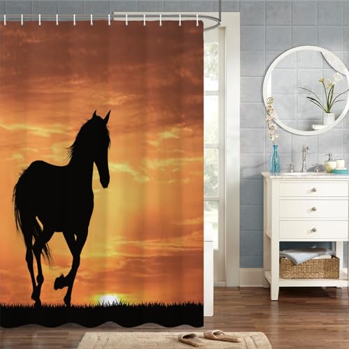 MIRRORANG 90x183cm Pferd Duschvorhang Tierwelt Tier Silhouetten Bei Sonnenuntergang Duschvorhang für Badezimmer Wasserdichtes Polyestergewebe Set mit Haken von MIRRORANG