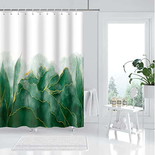 MIRRORANG Grüner Marmor Duschvorhang,Aquarell Botanische Duschvorhang Sets mit Haken für Badezimmer Home Decor,Grün Goldene Linien Gestreiftes Gewebe Wasserdichtes Polyester,183x183cm von MIRRORANG