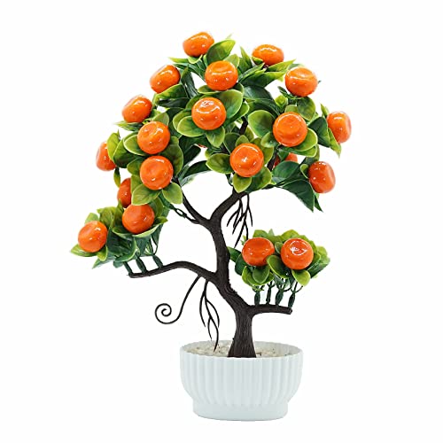 MISNODE Künstlicher Orangenbaum, 33,4 cm, künstlicher Orangenzweig mit grünen Blättern, lebensechte ObstBonsai mit Vase, gefälschte Früchte, 2 Stück von MISNODE