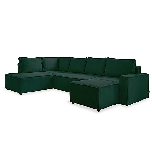 MIUFORM Cord Sofa U Form 322 cm x 194 cm x 89 cm, Ecksofa mit Schlaffunktion und Bettkasten- Brave Dave U- Wohnlandschaft U Form mit Schlaffunktion, Sofa Cord (Flaschengrün, Links ausgerichtet) von MIUFORM