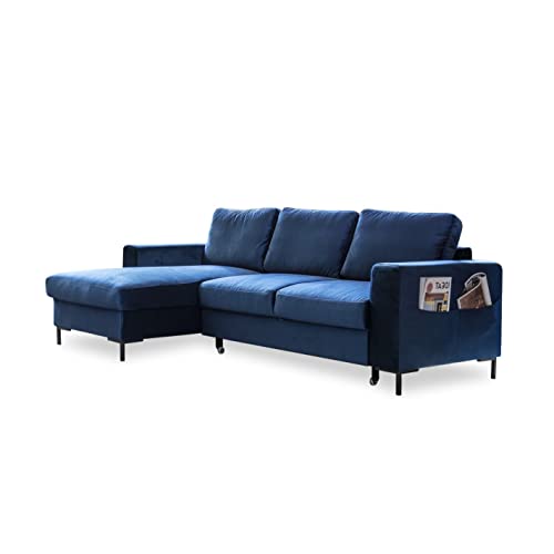 MIUFORM Ecksofa mit Schlaffunktion und Bettkasten | Lofty Lilly | Wohnladschaft Couch Schlafcouch Wohnzimmer Gästezimmer | Samt-Stoff Metallfüße (Navy blau, Links ausgerichtet) von MIUFORM