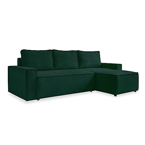 MIUFORM Sofa Cord 250 cm x 156 cm x 89 cm, Ecksofa mit Schlaffunktion und Bettkasten - Brave Dave - Couch L Form Sofa L Form, Wohnlandschaft mit Schlaffunktion, Cord Sofa (Flaschengrün) von MIUFORM