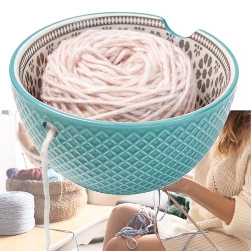 MKNZOME Handgefertigte Garnschale, 6,1'' Garnschale Keramik Tragbarer Wollschale Garn Schüssel Woll Stricken Schalen mit Geschnitzte Löcher und gebohrte Löcher für Strickende Häkeln von MKNZOME