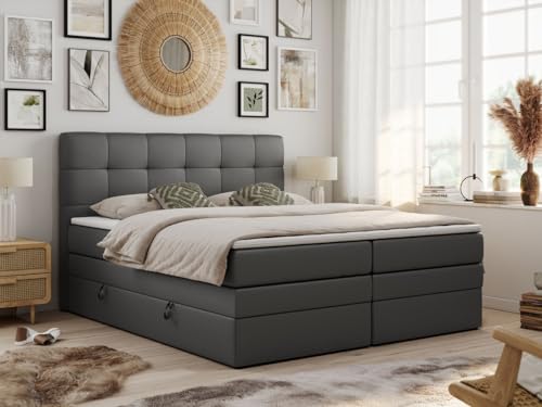 MKS MEBLE King Boxspringbett 180x200, Polsterbett 180x200 mit Bettkasten, Bett 180x200 mit Multipocket-Matratze H4, Boxspringbett 180x200 mit Kopfteil und Topper - H4 Dunkelgrau Kunstleder - Luka von MKS MEBLE