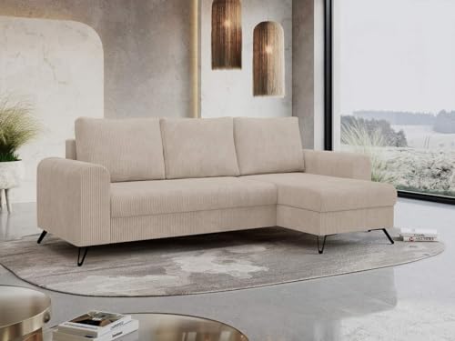 MKS MEBLE Ecksofa Wohnzimmer aus Cordstoff mit Schlaffunktion - Hugo - Beige Cord von MKS MEBLE