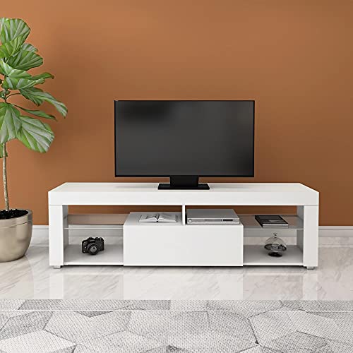 ML-Design TV-Lowboard aus Holz in Weiß, 140x51x35 cm, Modernes TV-Board mit Stauraum, Griffloses Design, Fernsehschrank Stehend mit Schublade und 2 Ablagen aus Glas, Fernsehtisch Sideboard TV-Schrank von ML DESIGN modern living