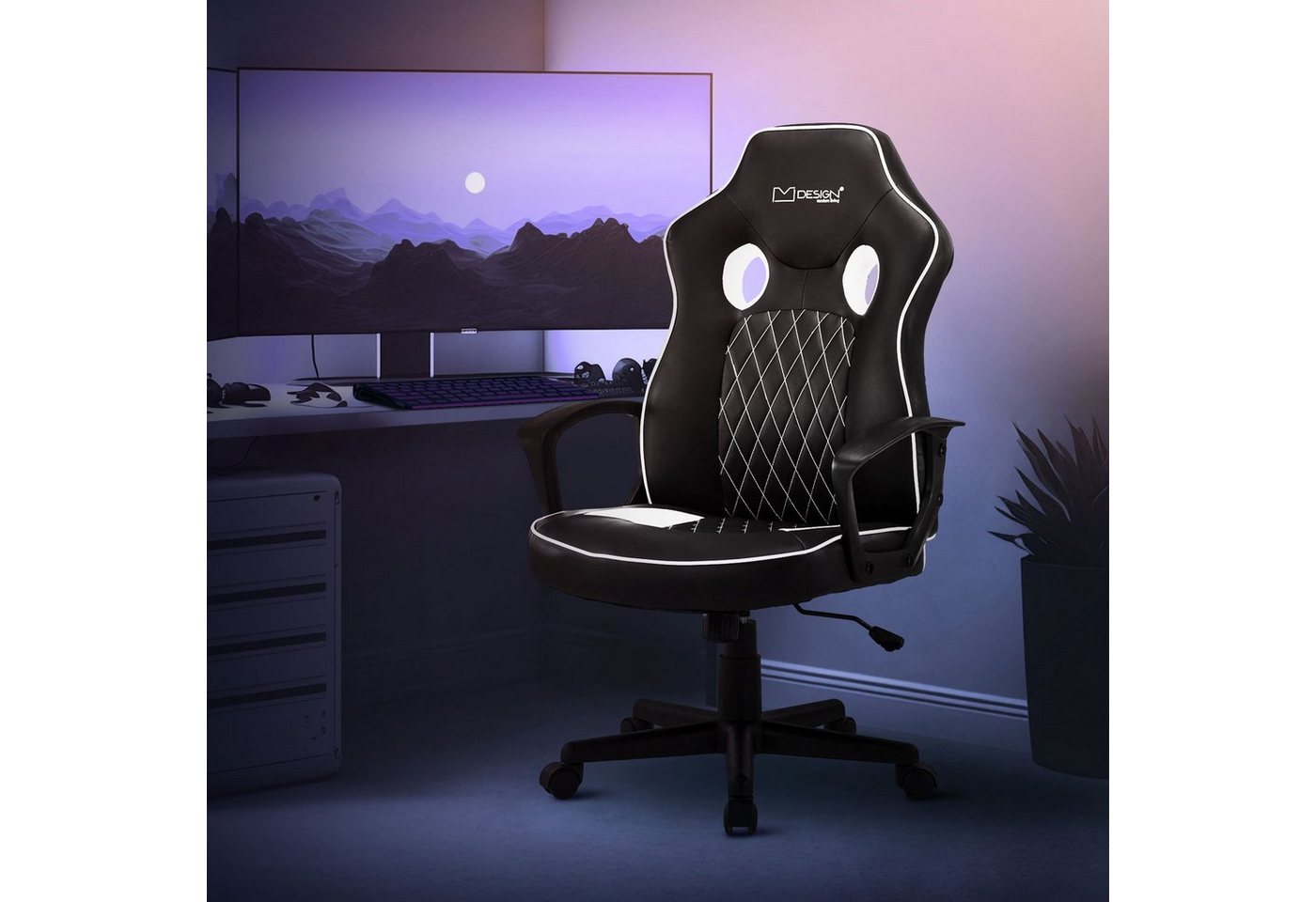 ML-DESIGN Gaming-Stuhl Bürostuhl mit Wippfunktion Kunstleder höhenverstellbar mit Armlehne, Verstellbar Drehstuhl Schwarz-Weiß ergonomisch 63,5x56x115cm von ML-DESIGN